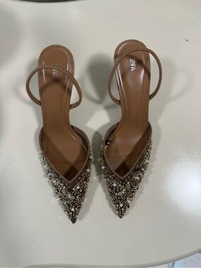Zara Embellished Brown Pointed-Toe Slingback Heels